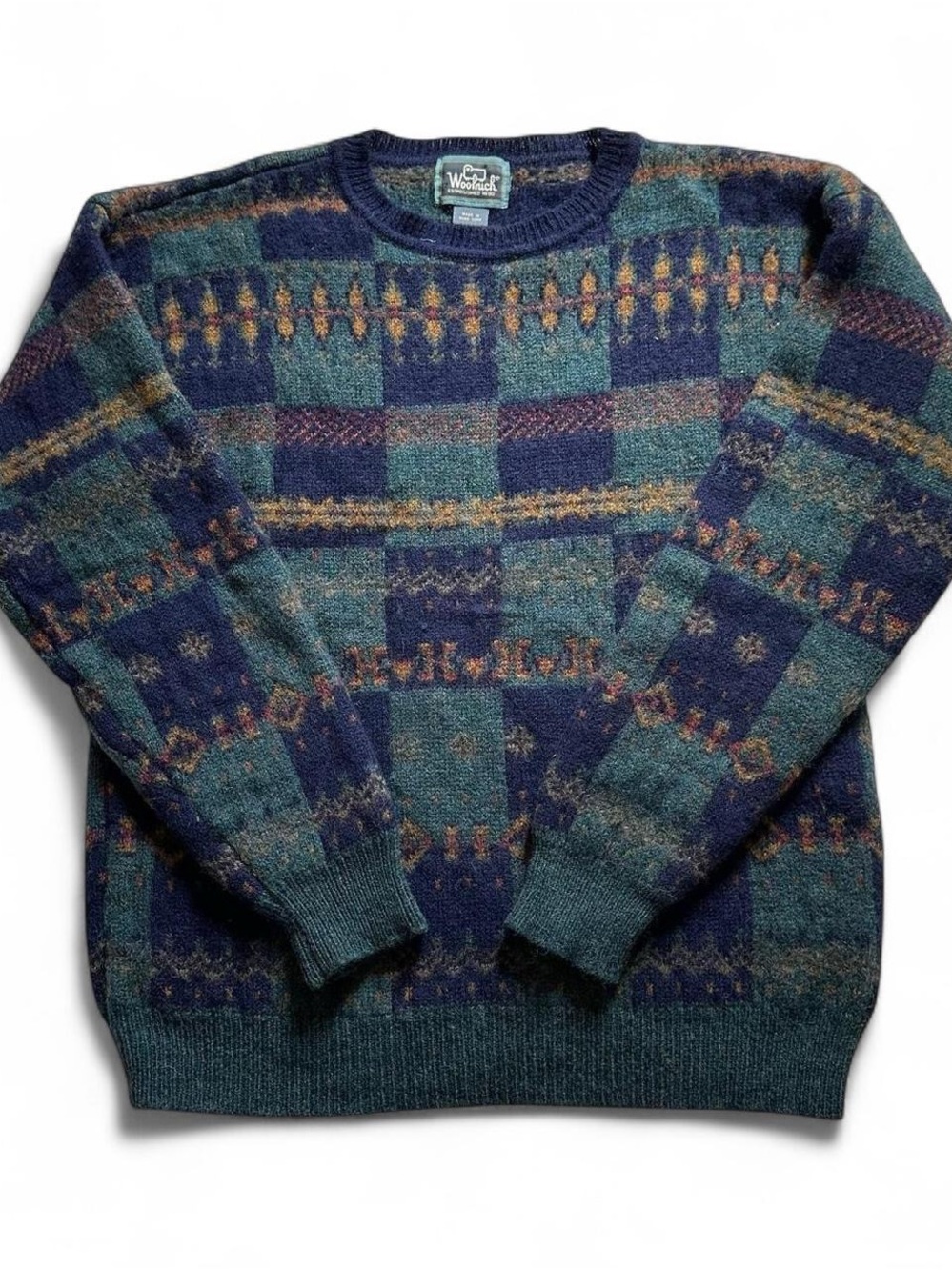 Vintage 1990s Woolrich Men's Patterned Crewneck Sweater - Teal/Navy L